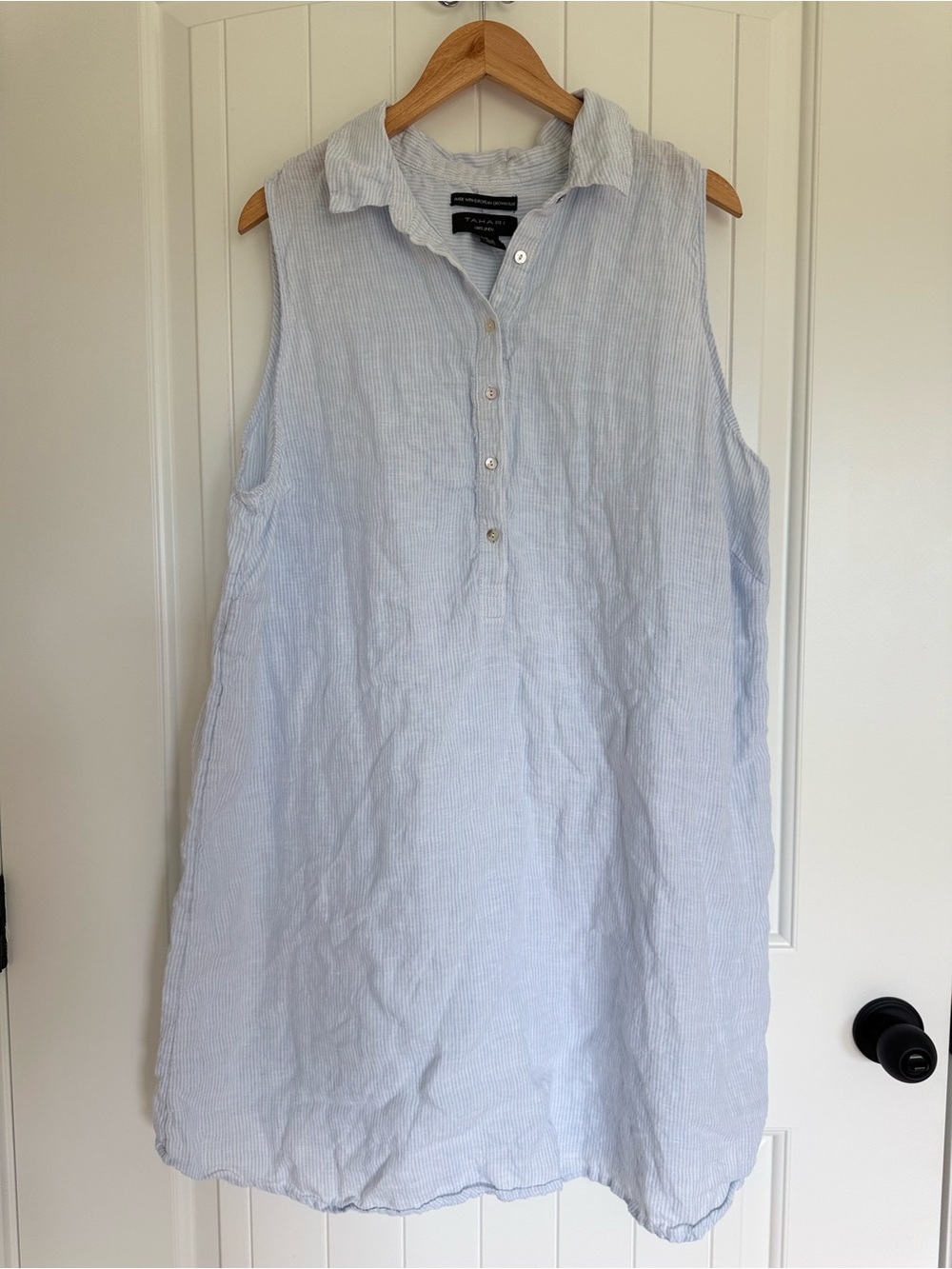 Tahari 100% Linen Striped Sleeveless Shirt Dress Blue White Coastal Chic 2X - Picture 2 of 9